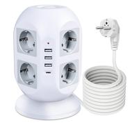 Regleta Enchufes Multiple con Proteccion Sobretension, 8 Tomas Torre Enchufes Vertical con 3 USB A y 1 USB C, 2 Interruptores, Alargador Enchufe 2M
