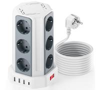 Regleta Vertical Enchufes 16A Regleta Enchufe con 12 Tomas Corrientes y 4 Rápida USB Tomas Proteccion Sobretension Cable de Extensión de 5M y Tapón de Seguridad con Interruptor para Casa Oficina
