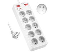 Regletas 10 Enchufes Franceses, Regleta con Protección contra Sobretensiones, PD 20W Enchufe Multiple USB C con Interruptor, Toma con Tierra 16A, Cable 2 m, Blanco