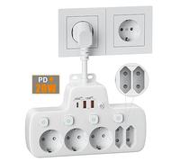 Regletas Enchufes Pared, Enchufe Multiple con PD20W y Dual QC18W Carga Rápida, Ladron Enchufes con Interruptor, Regleta 5 Tomas Cable Corto,Blanco