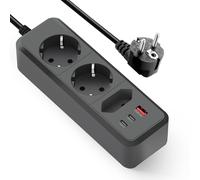 Regletas Enchufes USB 6 en 1,Enchufe Multiple con 3 enchufes Schuko (E/F), USB-A y 2 Type-C Puertos,Alargador Enchufe Cable de Extensión 1,5M para Hogar, Oficina, Escuela - Negro