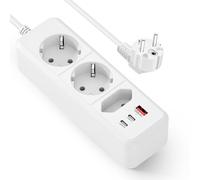Regletas Enchufes USB 6 en 1,Enchufe Multiple con 3 enchufes Schuko (E/F), USB-A y 2 Type-C Puertos,Alargador Enchufe Cable de Extensión 1,5M para Hogar, Oficina, Escuela,Blanco