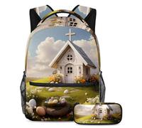 Regresa a la escuela con estilo con nuestra mochila y estuche de 2 piezas, juego de mochila escolar de primera calidad para niños, niñas, adolescentes, casa cruzada de Pascua blanca, multicolor,