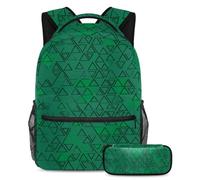 Regresa a la escuela con estilo con nuestra mochila y estuche de 2 piezas, juego de mochila escolar premium para niños, niñas, adolescentes, triángulo verde geométrico, multicolor, B：29.4x20x40cm\