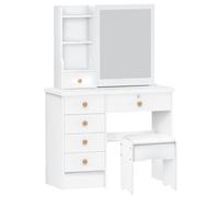 Reheyre Escritorio de tocador con espejo deslizante, tocador para dormitorio, escritorio de maquillaje con 6 cajones abiertos, espacio de almacenamiento oculto, color blanco