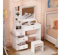 Reheyre Escritorio de tocador con espejo y luces, tocador de maquillaje con 5 cajones y estantes, escritorio de maquillaje blanco con espejo LED ajustable en 3 colores, tocador para dormitorio y