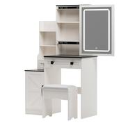 Reheyre Escritorio de tocador con luz LED con espejo deslizante con taburete, 2 cajones, 1 puerta de granero y estantes abiertos, ideal para dormitorio, tocador con almacenamiento oculto, color negro