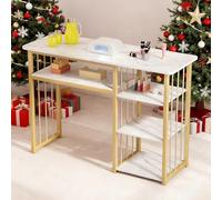 Reheyre Escritorio de uñas, mesa de manicura con textura de mármol, estante abierto, mesa multiusos para el hogar, salón de belleza, spa, color blanco