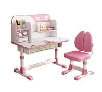 Reheyre Juego de escritorio y silla de estudio para niños, juego de escritorio rosa con altura ajustable, cajones y almacenamiento, con patrón de dibujos animados, mesas y sillas de aprendizaje para