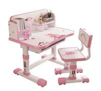 Reheyre Juego de escritorio y silla de estudio para niños, juego de escritorio rosa con altura ajustable, cajones y almacenamiento, con patrón de dibujos animados, mesas y sillas de aprendizaje para