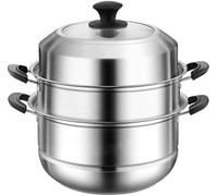 REHOOF Vaporera De 2 Capas De Acero Inoxidable 430 Pulido,Olla De con Sartén Inferior, 2 Arcos Y Tapa, Olla para Sopa Comercial, Olla Caliente, Vaporera, Olla para Albóndigas con Tapa De Cristal 32cm
