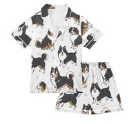 Reiacy Conjunto de pijama de satén para niños, diseño de perro de Border Collie para niñas y niños, camisa de manga corta con botones y pantalones cortos, pijamas de 5 a 6 años, Multicolor, 11 Years