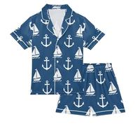 Reiacy Conjunto de pijama de satén para niños, diseño náutico de ancla náutica para niñas y niños, camisa de manga corta con botones y pantalones cortos, pijamas de 5 a 6 años, Multicolor, 9 Years