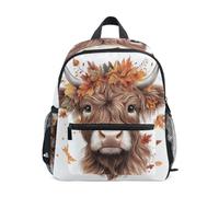 Reiacy Highland Cow Fall Leaves - Mochila escolar pequeña para niños, mochila escolar para preescolar, mochila de hombro para jardín de infantes, mochila escolar casual