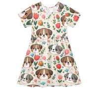 Reiacy Vestido de verano de manga corta para niñas de 2 a 8 años, bonito y simple, para la playa, Cabeza de perro pequeña bonita y sencilla, 5-6 años