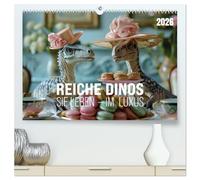 Reiche Dinos. Sie leben - im Luxus. (hochwertiger Premium Wandkalender 2026 DIN A2 quer), Kunstdruck in Hochglanz: Was wäre, wenn Dinos nie ausgestorben wären?