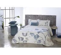 Reig Marti Colcha Primavera-Verano Jacquard Modelo Sinead, diseño de Hojas en Azul y Beige (135 cm)