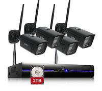 REIGY 5MP Kit Camara de Vigilancia WiFi Exterior con Spotlight y 2TB HDD, Sistema de Seguridad IP Interior 4X 1920P CAM y 10CH NVR, Visión Nocturna,Audio Bidireccional Detección Movimiento Negro