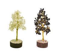 Reiki Gift Vastu Golden Wire Tree Combo Crystal Cuarzo, Turmalina negra Meditación Feng Shui Decoración de mesa Árbol-Bendición curativa