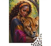 Reina Africana con Leopardo Rompecabezas 1000 Piezas para Adultos Todas Edades, Cartón Premium Resistente, Regalo Navideño Festivo, Reto Mental Y Educativo 38x26cm/1000pcs