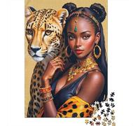 Reina Africana con Leopardo Rompecabezas DIY 1000 Piezas para Adultos Todas Edades, Papel Reciclado Resistente, Decoración Mural, Regalo Navideño Festivo 70x50cm/1000pcs