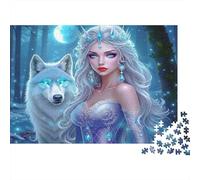 Reina de Hielo Rompecabezas de 1000 Piezas para Adultos Hada de Hielo bajo la Luna de Pie con Lobo Ártico Brillante Desafiante Premium Robusto Vibrante Alivio de Estrés Juego Familiar 52x38cm/1000pzs
