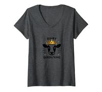 Reina lechera/Rey Vaca realeza Humor Divertido Granja Camiseta Cuello V, Mujer, Jaspeado Oscuro, L