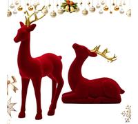 Reindeer Christmas Decor | Flocking Deer Figures | 2 Pieces Red And Green