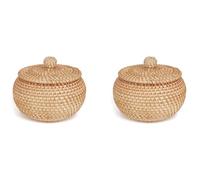 Reinscer 2 cestas redondas de ratán con tapa, cesta de almacenamiento de ratán con tapa, para pan, alimentos, frutas y aperitivos para estantería de mesa