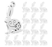 Reinscer 20 piezas de acero inoxidable colgante de conejo de Pascua de metal colgante con flores huecas, colgante pequeño de metal animal, plata, Metal