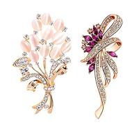 Reinscer Broches para mujer, juego de 2 broches de diamantes de imitación, elegante broche de flores de cristal dorado, Diamantes de imitación +