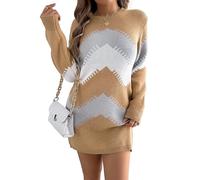 REITINGE Elegante vestido tipo suéter con bloqueo de color para salidas casuales para mujer, manga larga, cuello redondo, ropa de punto, vestido tipo túnica con bloqueo de color, caqui, M