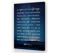 REIUAFWYGV Vintage Romans 5:3-5 Canvas Print, Suffering Produces Perseverance, Character, Hope Art, Retro Kitchen Bathroom Wall Decor(Framed,16x24inch(40x60cm))