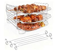 Rejilla Air Fryer de 3 Niveles con 5 Brochetas - Rejilla Freidora Aire BBQ Acero Inoxidable 304 para Cocina con Poco Aceite, Carne Seca y Verduras, Accesorios de Cocina Apilables & Desmontable