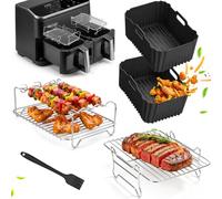Rejilla de Acero Inoxidable Freidora de Aire para COSORI 8,5L Doble Cesta | 5 Pieza Accesorios Air Fryer Set, Parrilla Apilable con 3 Brochetas, Molde Silicona Airfryer, para COSORI Dual Zone R901/R903