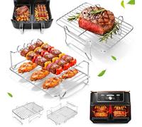 Rejilla de Acero Inoxidable Freidora de Aire para Doble Cesta 7.6L-10.4L | 2 Piezas Accesorios Air Fryer, Parrilla Apilable con 3 Brochetas, para Ninja DZ400EU/ AF400EU/ SL400EU y COSORI 8,5L/ 10L