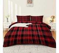 Rejilla geométrica escocesa a rayas, edredón de 200 x 200 cm, súper suave y transpirable, color rojo, microfibra, funda de edredón de edredón de Navidad con 2 fundas de almohada para adulto, bordado