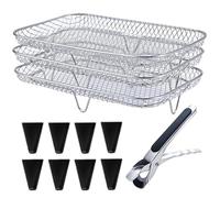 Rejilla para freidora de Aire de Acero Inoxidable de Grado alimenticio, 3 Capas, apilable, con 8 Patas de Silicona, 1 Pinza y 1 Cepillo para Horno, Rectangular