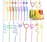 REJOECE 16 Piezas Pajitas de Plástico Colores para Pajitas Reutilizables para Pajitas Rizadas para Leche,Jugos,Cócteles Decoración de la Fiesta de Cumpleaños(Varios Shapes y Multicolor)