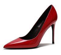 REKALFO Bombas De Las Mujeres Charol Tacones de Aguja Punta Tacón Gatito Graduación Zapatos para Mujeres Dressy Rojo 10cm 36 EU