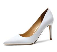 REKALFO Bombas Zapatos Mujer Tacones de Aguja Slip On Matte Moda Lindo Elegante Tacones Cerrados para Mujer Blanco 8cm 38 EU