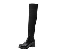 REKALFO Botas altas para mujer Elásticas Punta redondeada Plataforma Tejido Tacón grueso Sin cordones Tendencia Elástico grueso Moda Botas altas bonitas Negro 39 EU
