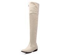 REKALFO Botas de cuero suave para mujer Bota casual de tacón plano con cremallera por encima de la rodilla Beige 41 EU