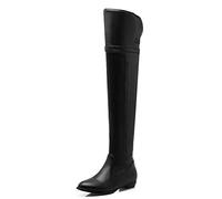 REKALFO Botas de cuero suave para mujer Bota casual de tacón plano con cremallera por encima de la rodilla Negro 37 EU