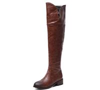 REKALFO Botas de invierno de cuero suave sobre la rodilla con punta redonda para mujer Botas de invierno con bloque de cremallera Marrón 43 EU