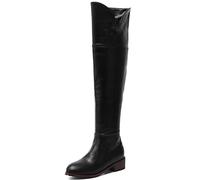 REKALFO Botas de invierno de cuero suave sobre la rodilla con punta redonda para mujer Botas de invierno con bloque de cremallera Negro 39.5 EU