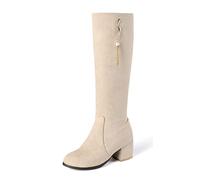 REKALFO Botas de nobuk de ante suave y transpirable para mujer botas informales de invierno con cremallera lateral hasta la rodilla y tacón grueso Beige 40 EU