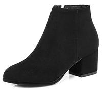 REKALFO Botas de piel de nobuk suave para mujer Bota informal de tacón grueso con cremallera hasta el tobillo Negro 44 EU