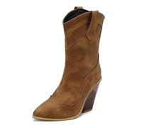REKALFO Deslizar Mujeres Botas de media pantorrilla Tacón apilado Punta afilada Western Cowgirl Botines Cool Casual Zapatos Retro Marrón 39.5 EU