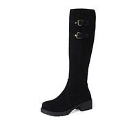 REKALFO Mujer Gamuza suave Rodilla Botas altas Cremallera Puntera redonda plana Bloque de vellón Bota Negro 43 EU